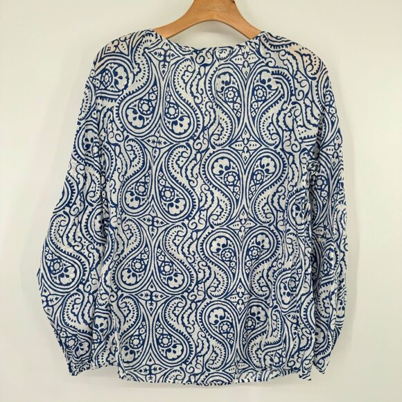 Talbots Long Sleeve Blouse blue pattern Yellow Beaded Embellishment size medium - Picture 10 of 11